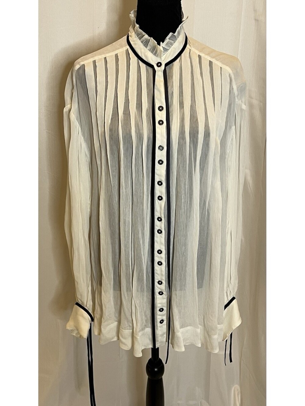 Free People Sheer Pleated Ruffle Blouse Ivory Black Trim Medium Boho NWOT
